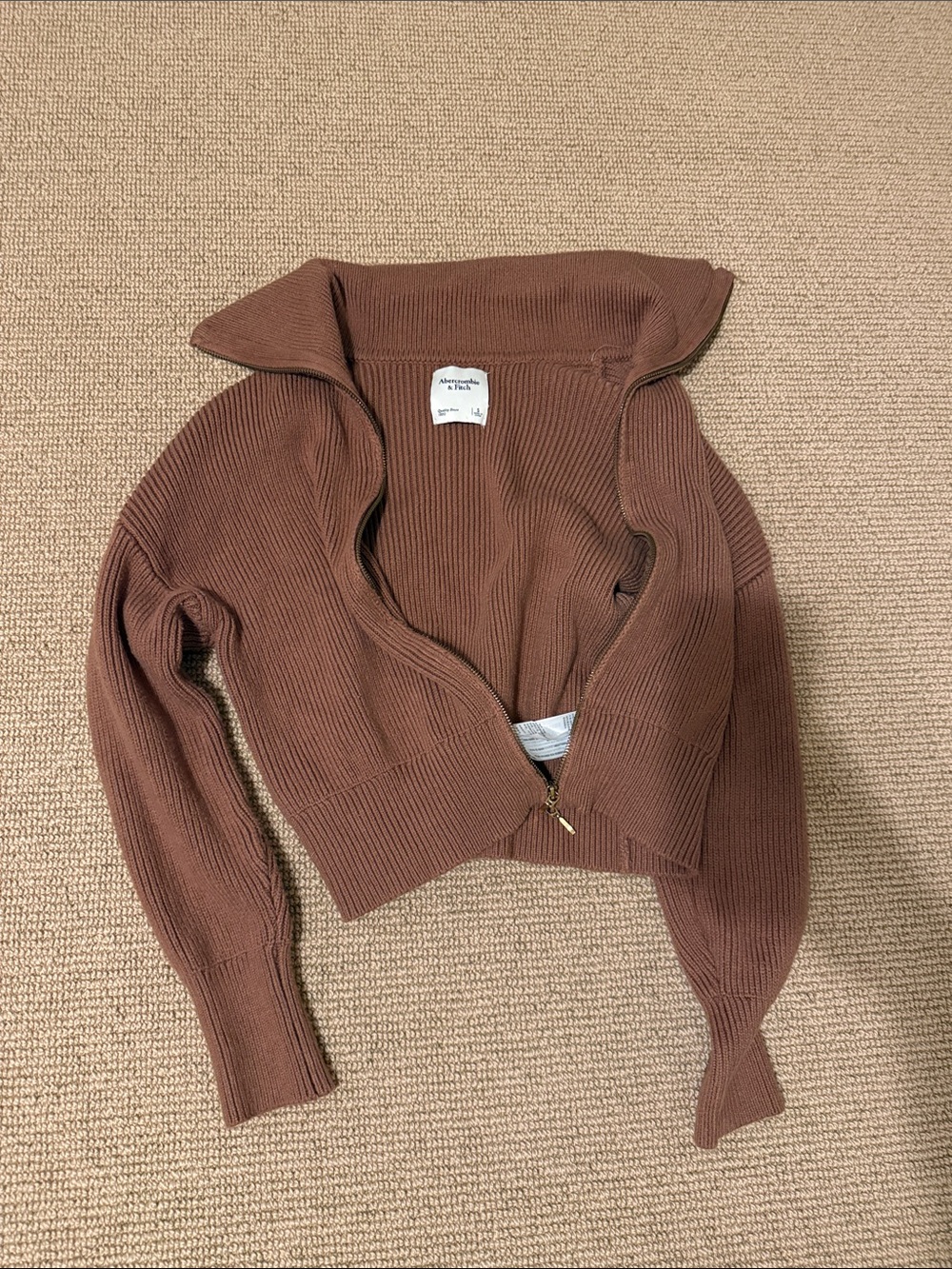 Abercrombie & Fitch Ribbed Zip-Front Brown V-Neck Sweater Jacket